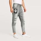 Romwe Guys Skull Print Ripped Jeans