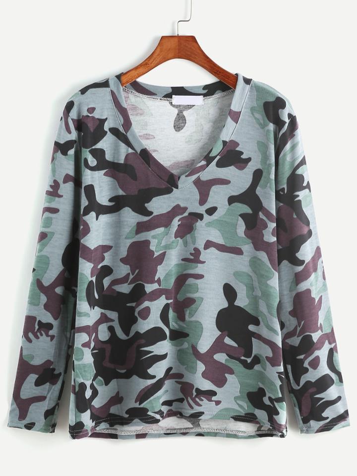 Romwe Camo Print V Neck T-shirt
