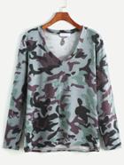 Romwe Camo Print V Neck T-shirt