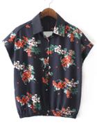Romwe Black Floral Print Batwing Sleeve Elastic Hem Blouse