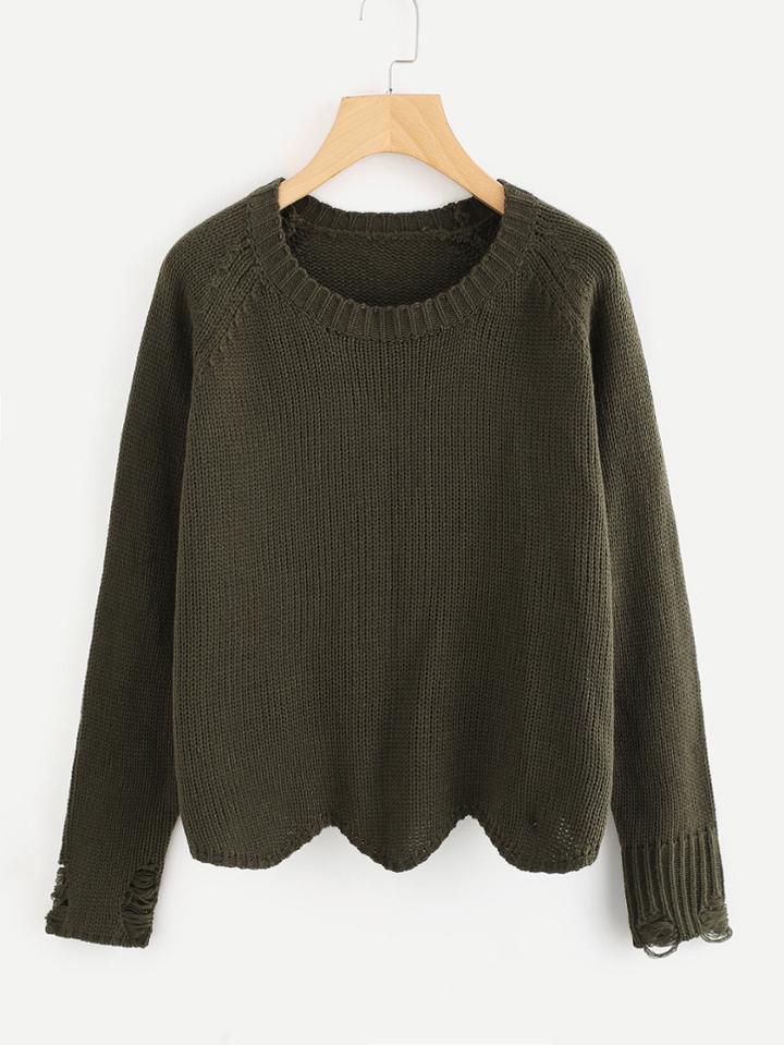 Romwe Scalloped Hem Ripped Cuff Sweater