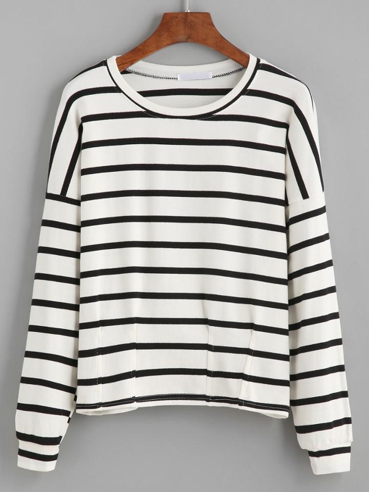 Romwe Black White Striped Drop Shoulder T-shirt