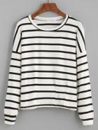 Romwe Black White Striped Drop Shoulder T-shirt