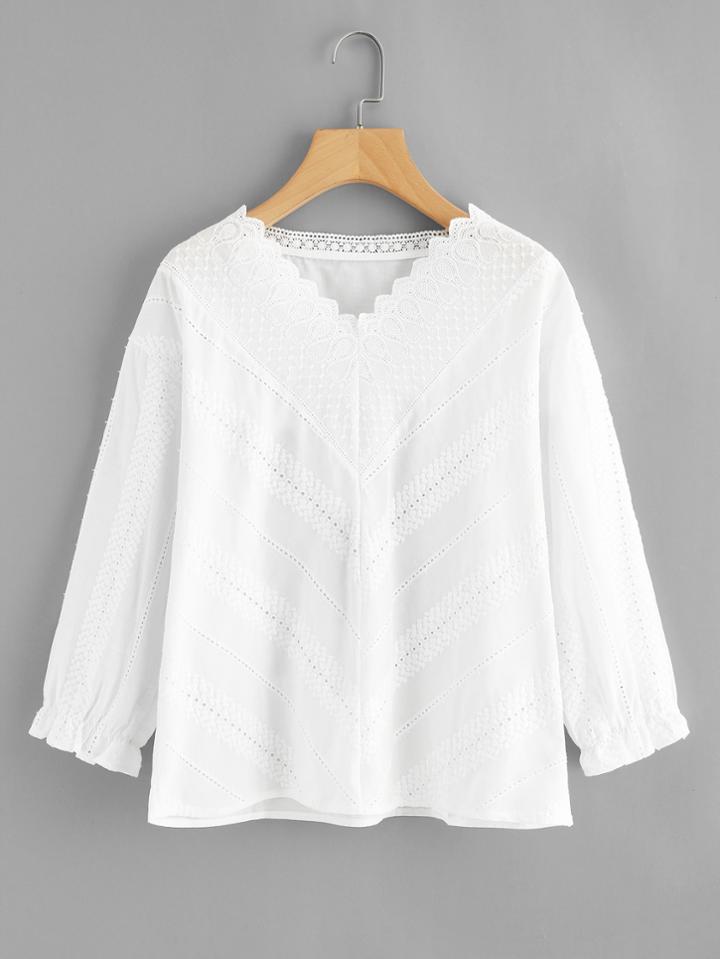 Romwe Pointelle Panel Scalloped Neckline Blouse