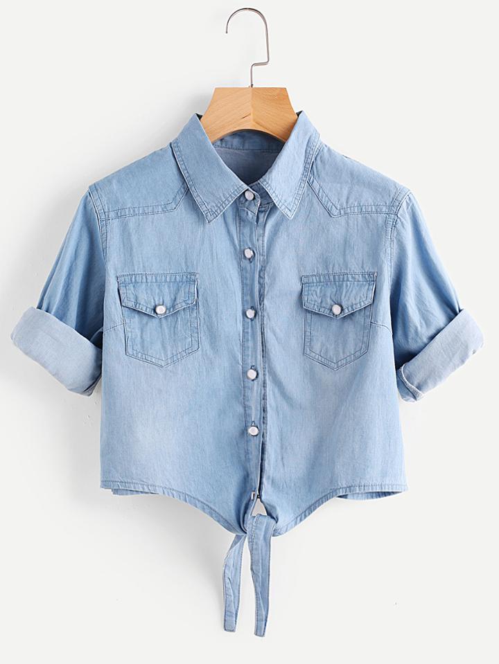 Romwe Rolled Sleeve Self Tie Front Denim Blouse
