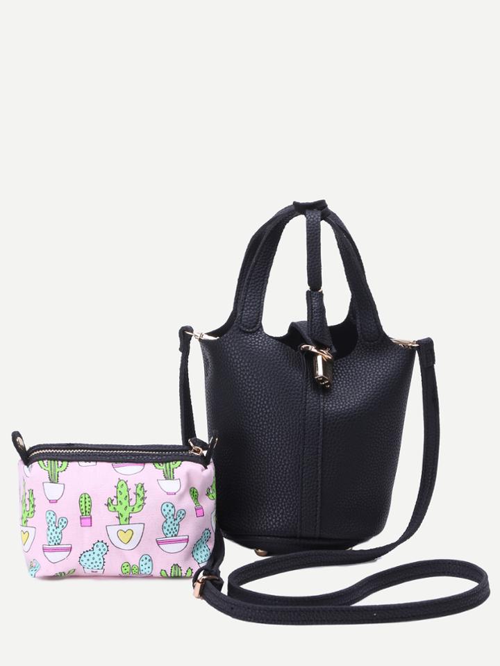 Romwe Black Pebbled Pu Bucket Bag With Cartoon Print Clutch