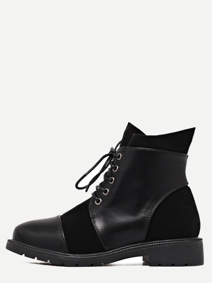 Romwe Black Genuine Leather Cap Toe Lace Up Booties