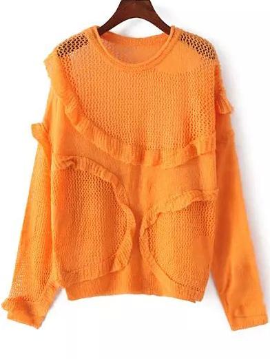 Romwe Open-knit Fungus Edge Orange Sweater