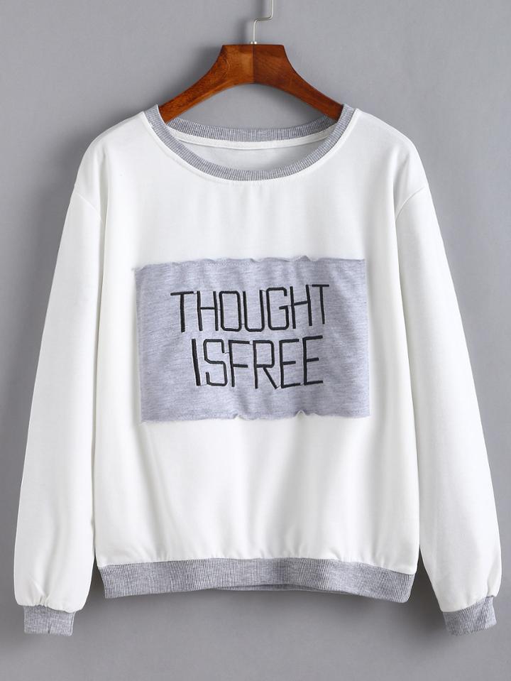 Romwe White Contrast Trim Embroidered Patch Sweatshirt