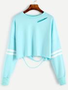 Romwe Sleeve Striped Drop Shoulder Cut Out Crop Sweatshirt
