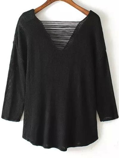 Romwe V Neck Hollow Black Sweater