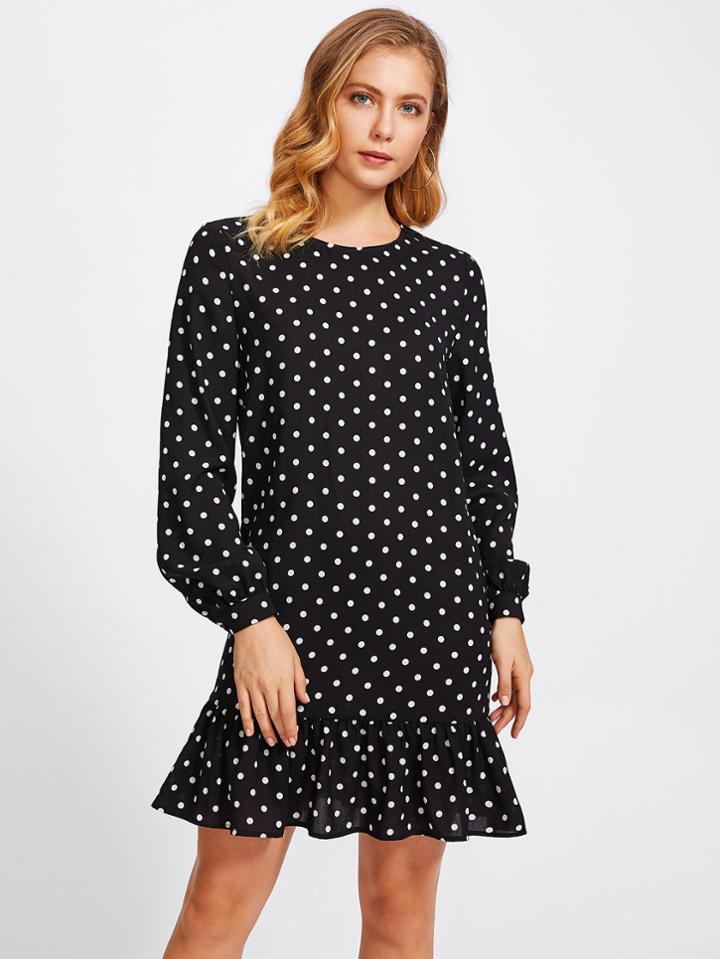 Romwe Lantern Sleeve Frill Trim Polka Dot Dress