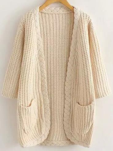 Romwe Cable Knit Pockets Long Beige Coat