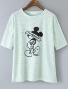 Romwe Striped Mickey Print Green T-shirt