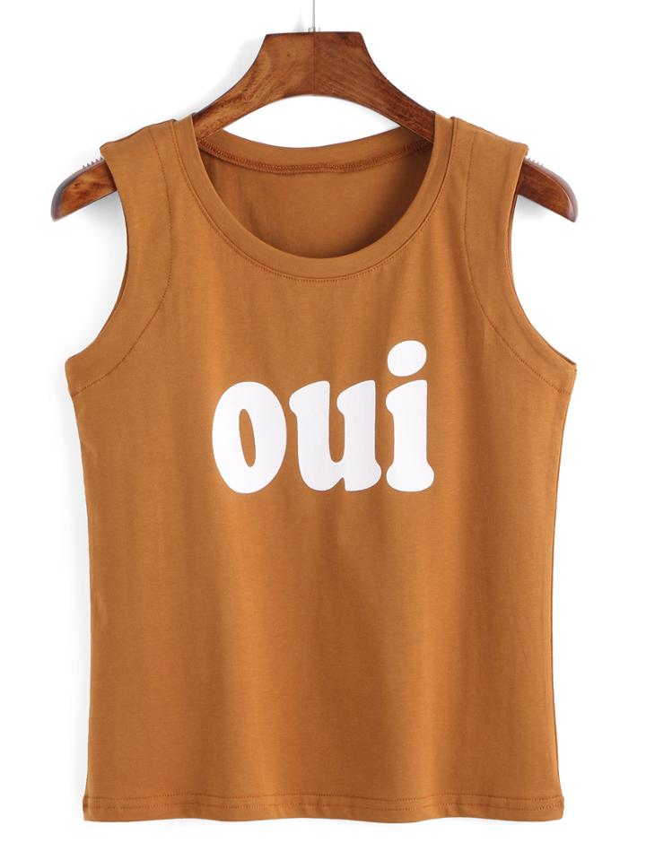 Romwe Letters Print Khaki Tank Top