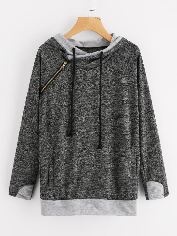 Romwe Contrast Trim Zip Up Detail Hoodie