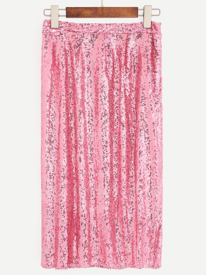 Romwe Pink Sequin Flare Skirt