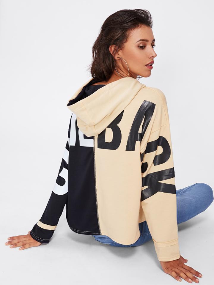 Romwe Drop Shoulder Graphic Print Color Block Hoodie