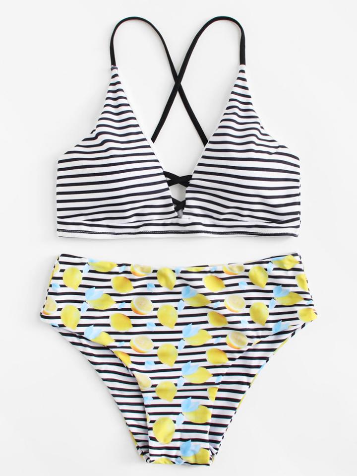 Romwe Cross Back Striped Bikini Set