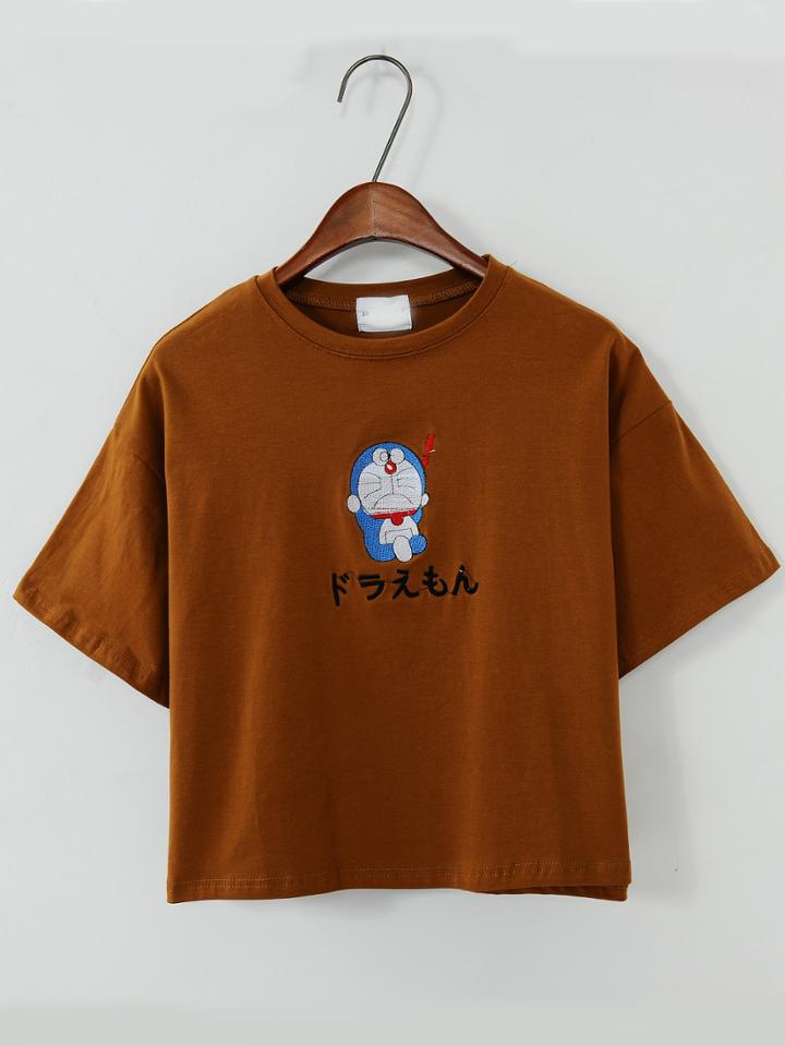 Romwe Doraemon Print Khaki T-shirt
