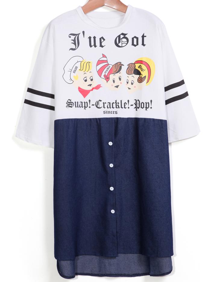 Romwe Contrast Denim Hem Cartoon Print White Dress