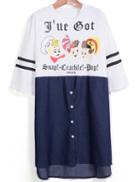 Romwe Contrast Denim Hem Cartoon Print White Dress