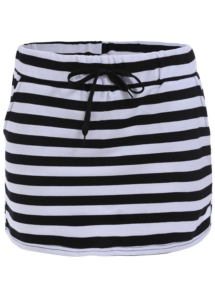 Romwe Drawstring Striped With Pocket Skirt