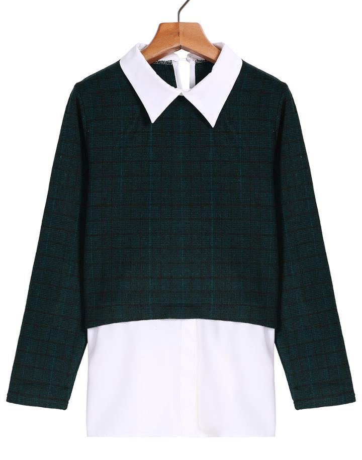 Romwe Check Print Lapel Green Blouse