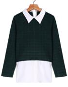 Romwe Check Print Lapel Green Blouse