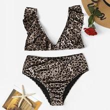 Romwe Leopard Ruffle Top With High Waist Bikini Set