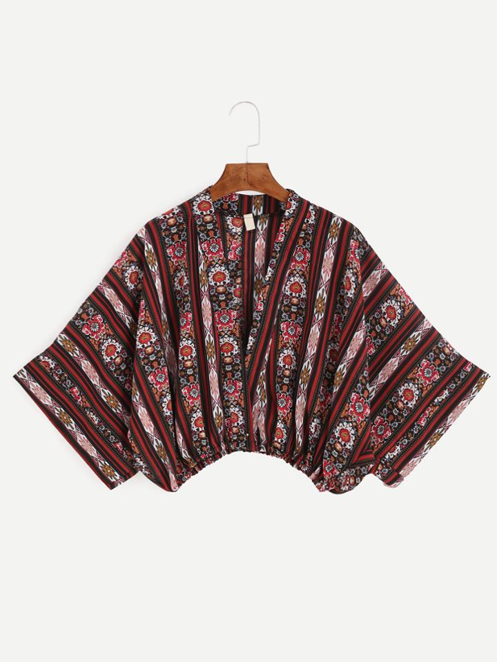 Romwe Multicolor Floral Print Crop  Wrap Blouse