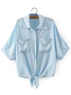 Romwe Light Blue Pockets Buttons Front Self-tie Bow Lapel Blouse