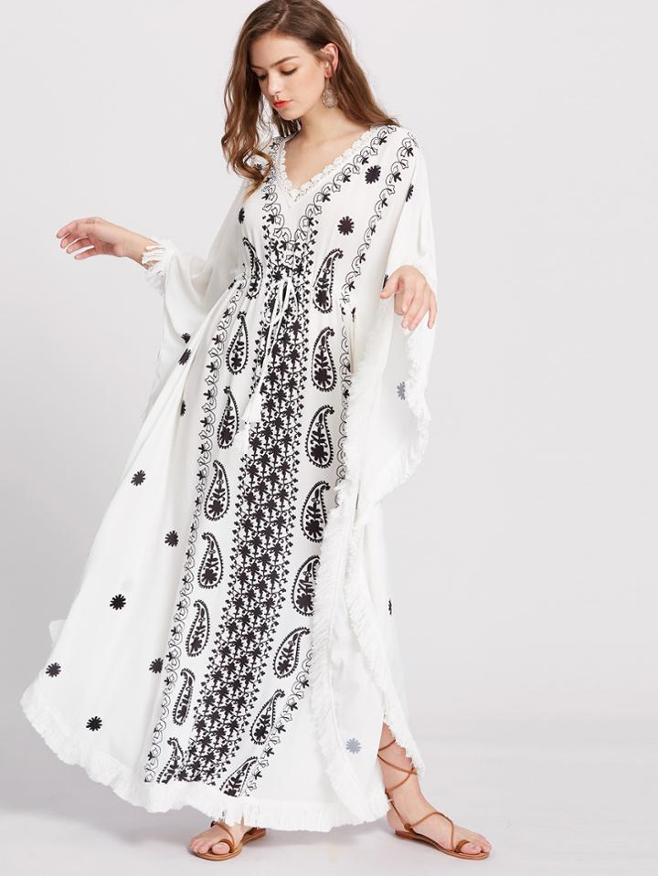 Romwe Fringe Trim Paisley Print Dolman Sleeve Dress