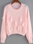 Romwe Round Neck Tassel Pink Sweater