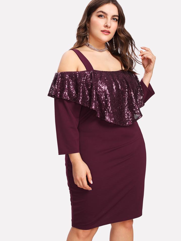 Romwe Contrast Sequin Open Shoulder Dress