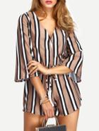Romwe V-neck Vertical Striped Self-tie Jumpsuits