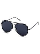 Romwe Metal Frame Black Lens Hollow Out Sunglasses