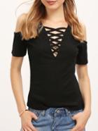 Romwe Black Off The Shoulder Lace Up T-shirt