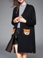 Romwe Black Bears Embroidered Pockets Coat