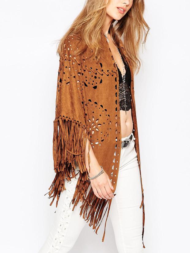 Romwe Hollow Tassel Loose Brown Coat