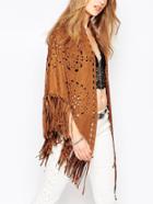 Romwe Hollow Tassel Loose Brown Coat