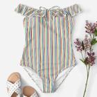 Romwe Ruffle Off The Shoulder Tie-front Striped One Piece Swimsuit