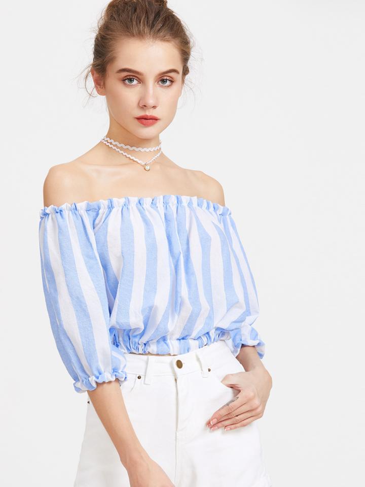 Romwe Bardot Neckline Striped Shirred Crop Top