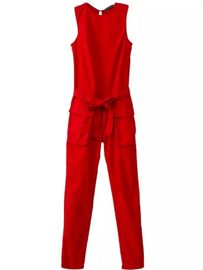 Romwe Sleeveless Pockets Belt Red Jumpsuit