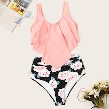 Romwe Floaty Top With Random Floral Ruched Bikini Set