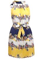 Romwe Sleeveless With Belt Florals Pleated Dress