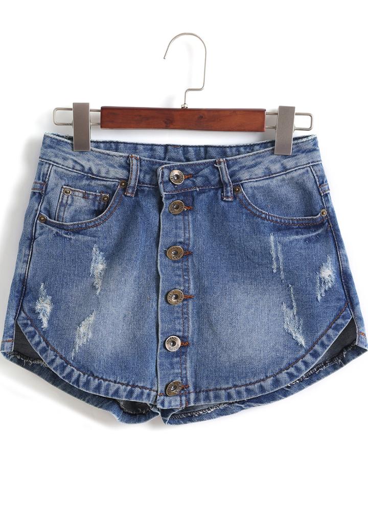 Romwe Blue Ripped Bleached Pockets Denim Shorts