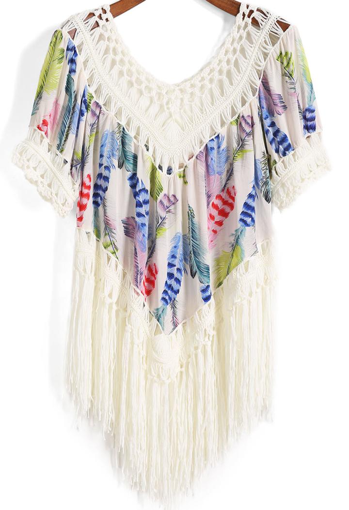 Romwe V Neck Crochet Hollow Leaves Print Blue Top