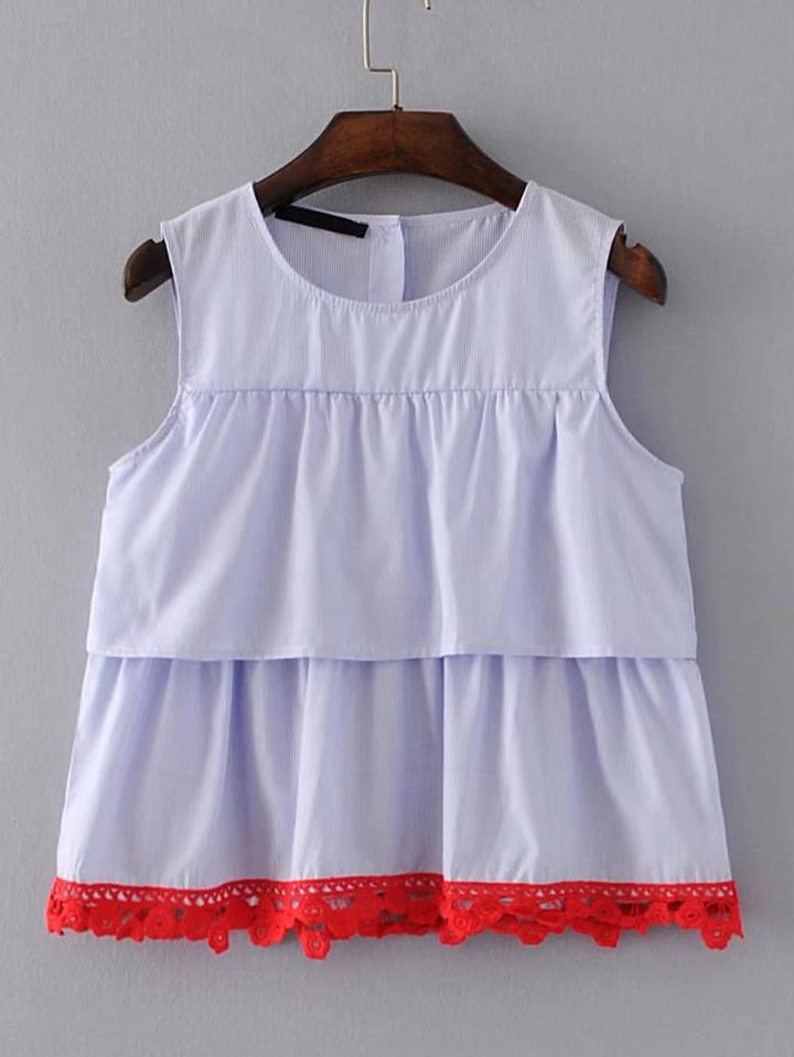 Romwe Contrast Lace Hem Pinstripe Top