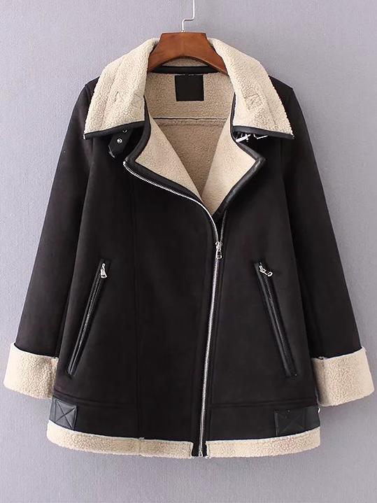 Romwe Black Oblique Zipper Suede Coat